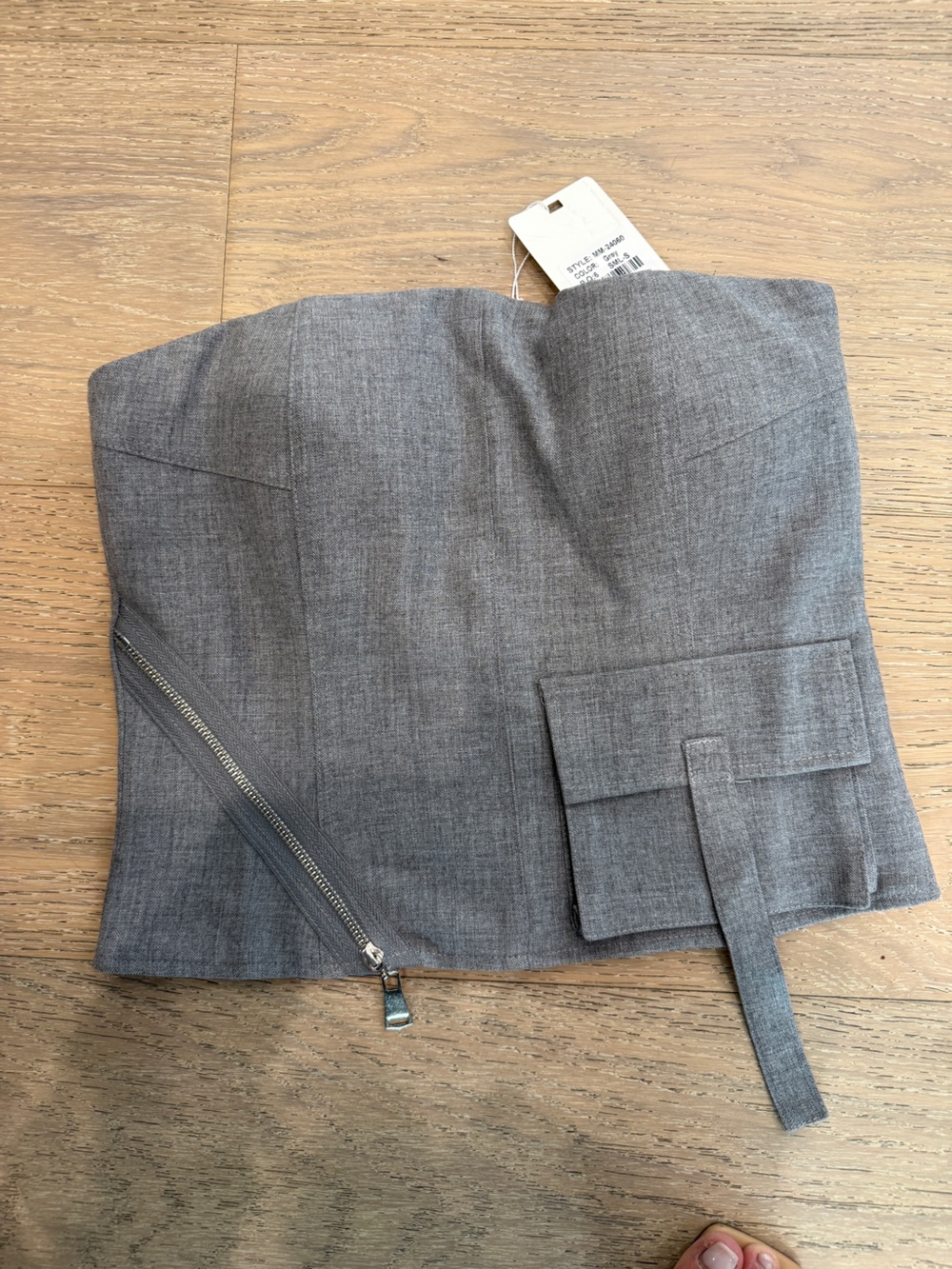Strapless Gray top with Asymmetrical Zip